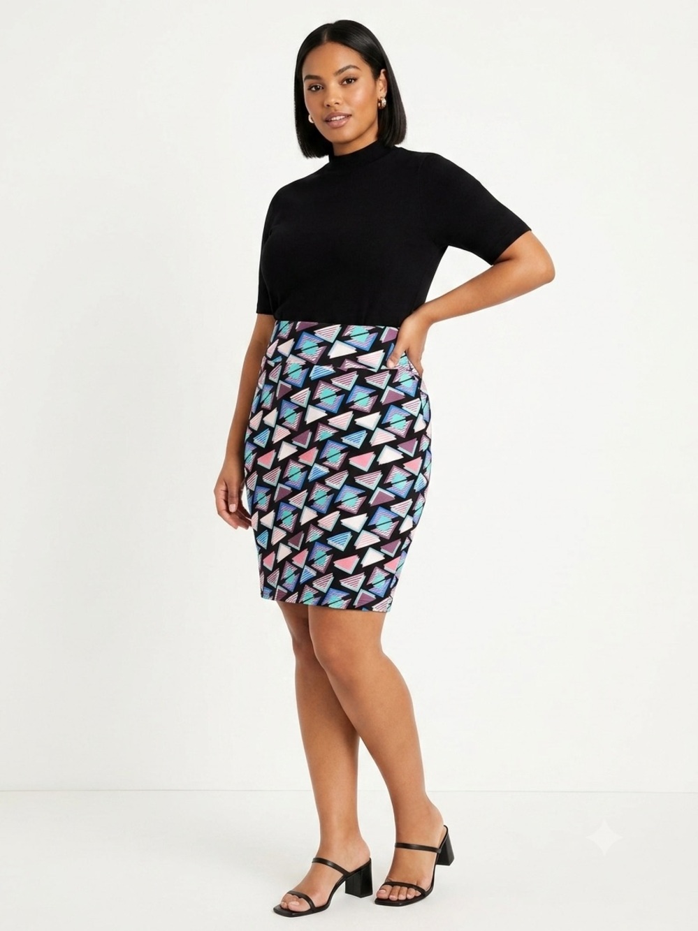 LuLaRoe Black Pencil Skirt with Teal, Pink & Purple Geo Triangles Stretchy Comfy